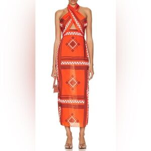 Johanna Ortiz Quipu Knots ankle dress red orange cotton halter coverup size 10